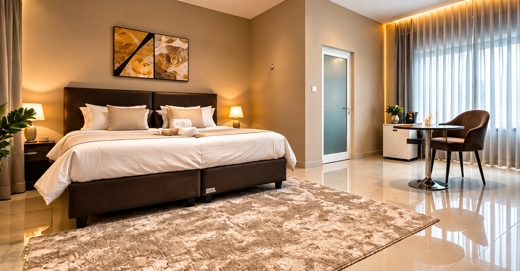 Quarto do DSR com cama de casal, iluminação acolhedora e zona de estar, a partir da fotografia fornecida