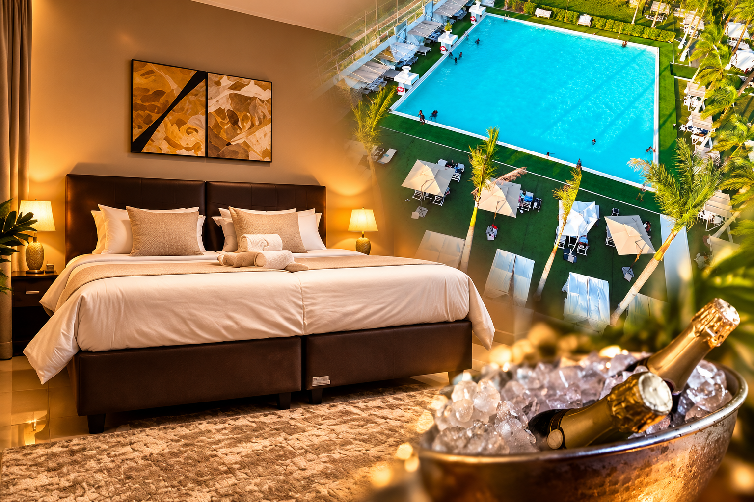Montagem do quarto, piscina e espumante das fotografias fornecidas para Passagem de Ano